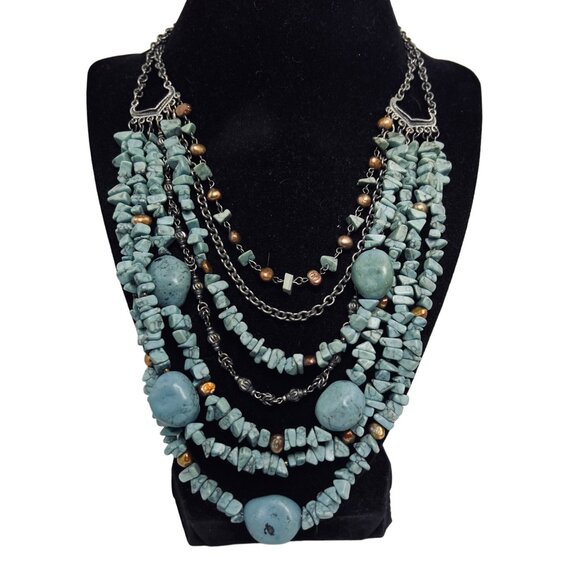 Vintage Chicos Faux Turquoise And Silver Tone 7 Strand Bib Necklace (5445) - Picture 1 of 7